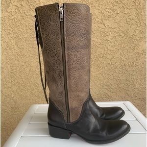 Pistolero tall black boots, grey embossed leather laces size 5.5 (fits a 7-7.5)